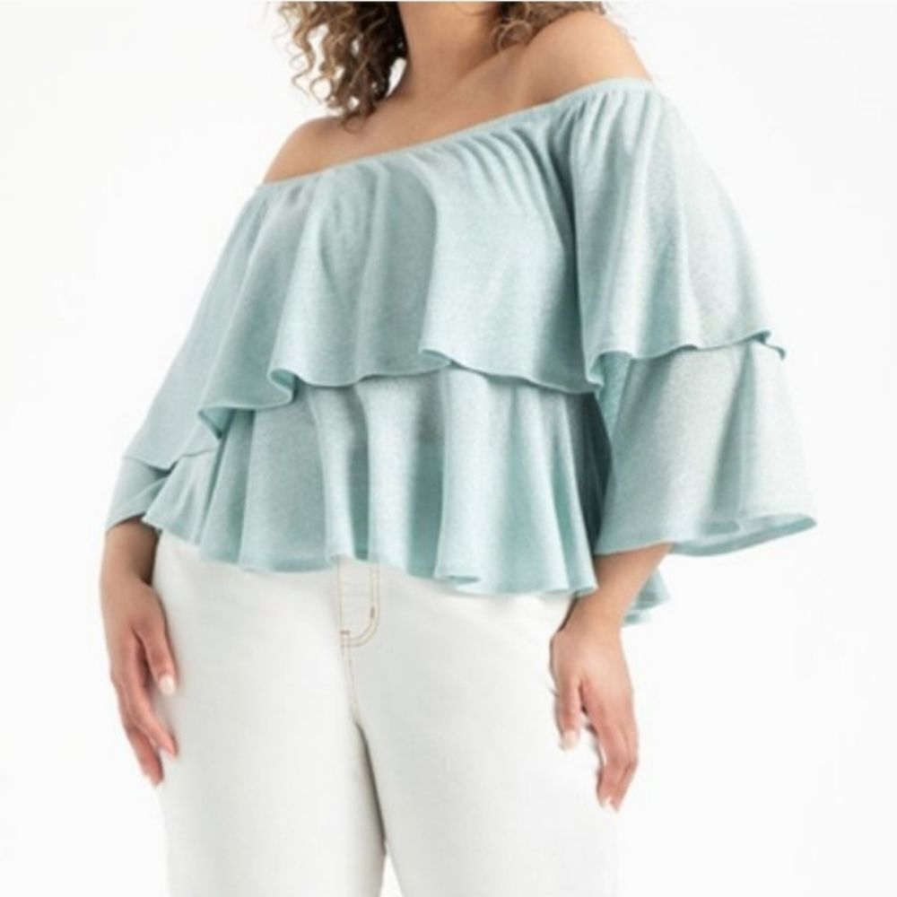 Eloquii Off-Shoulder Ruffle Top in Light Blue